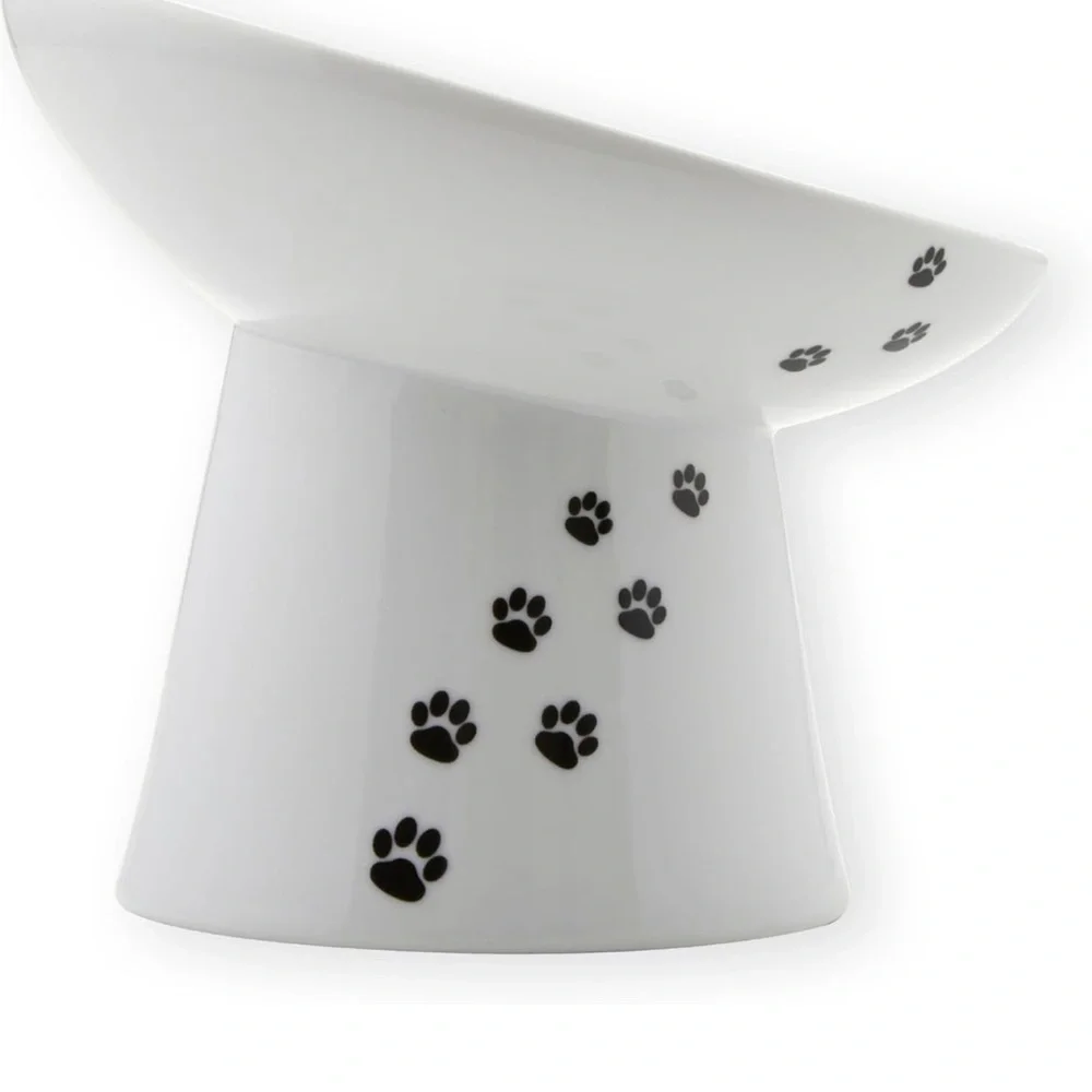 White Pet Bowl with Black Paw Prints